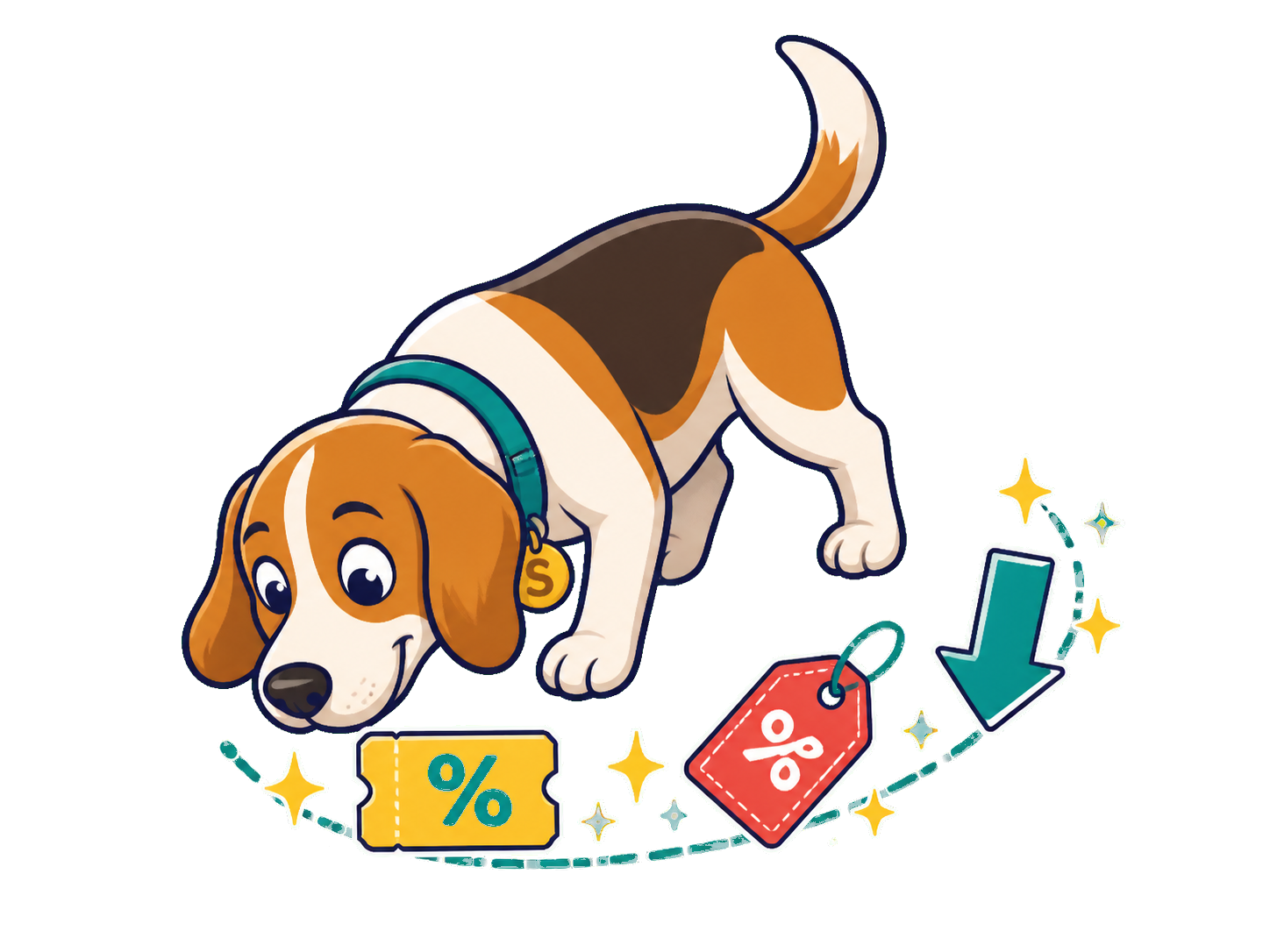 Saving Sniffer beagle following a trail of coupons, clearance tags, and price drops